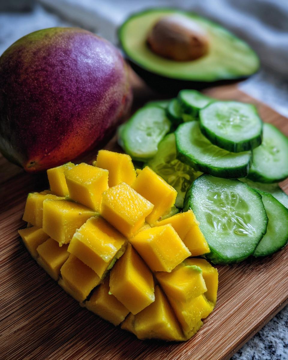 Ingredients for Mango Cucumber Salad with Avocado: mango cubes, cucumber slices, and avocado half.