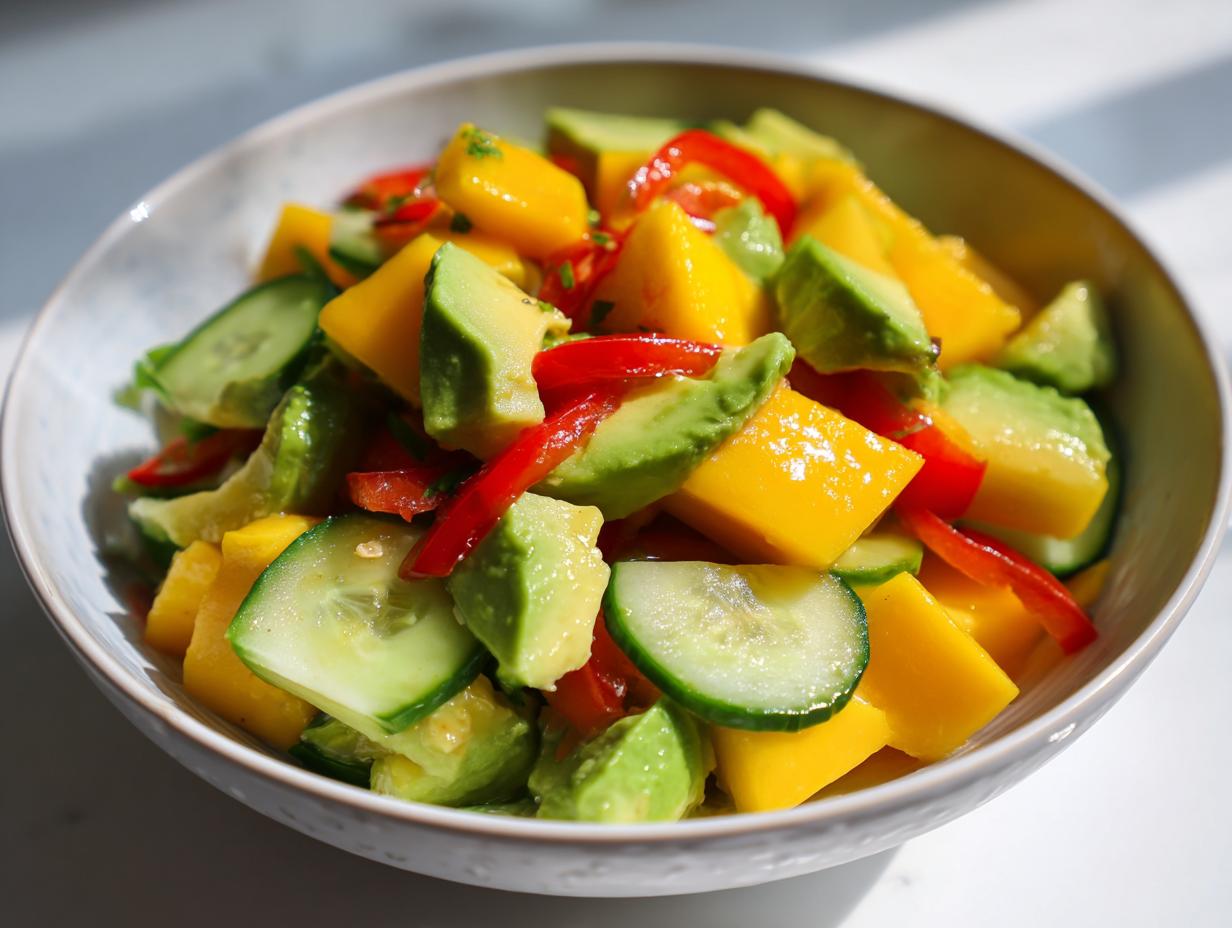 A vibrant bowl of Mango Cucumber Salad with Avocado, featuring mango, cucumber, avocado, and red bell pepper.