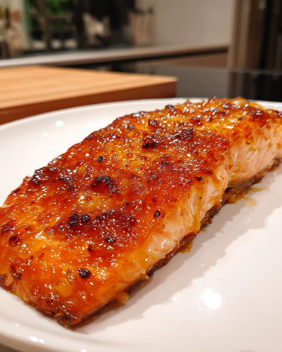 Close-up of a glazed Mango Teriyaki Salmon fillet on a white plate, showcasing its vibrant color and texture.
