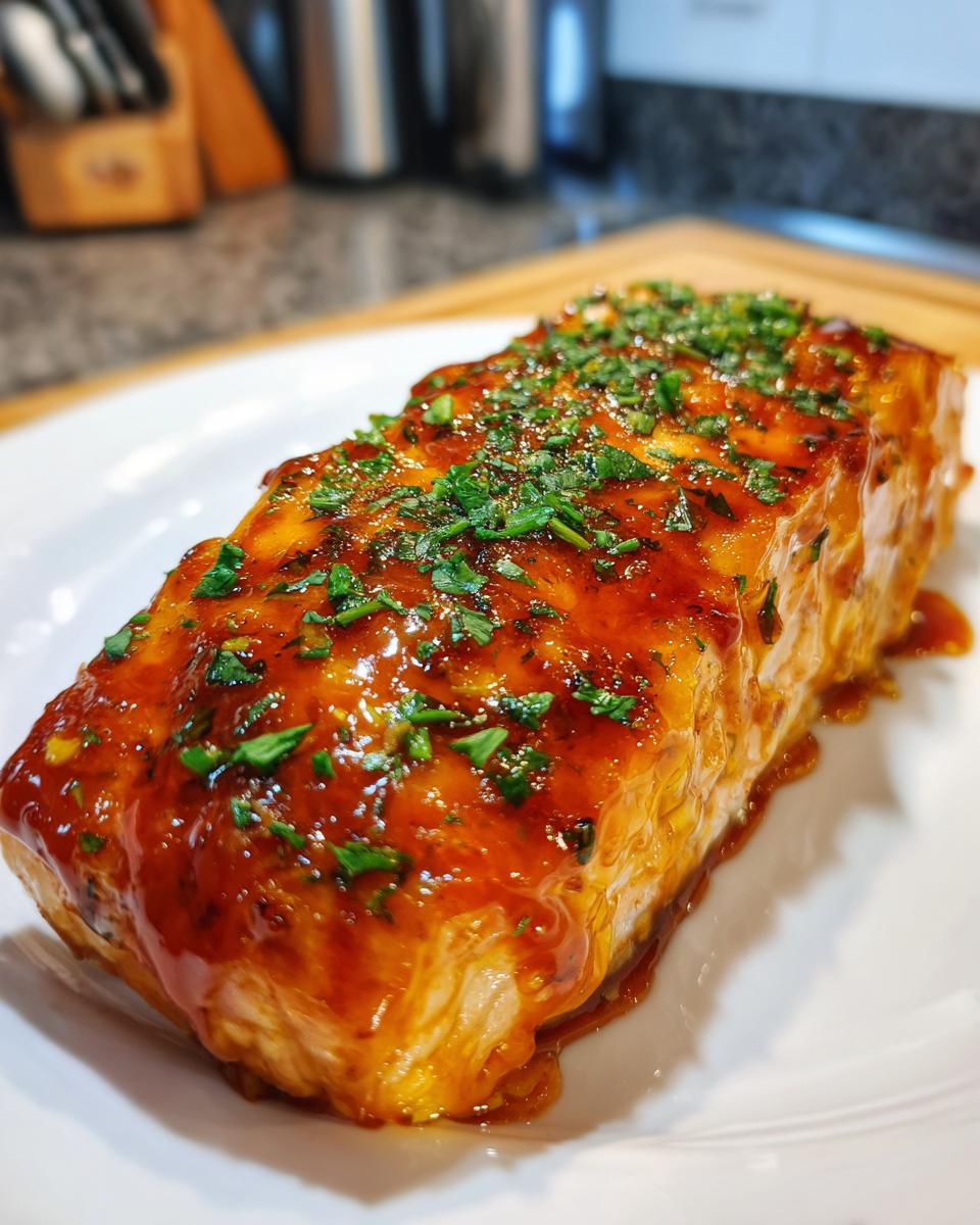 A glazed Mango Teriyaki Salmon fillet on a white plate, garnished with fresh herbs.