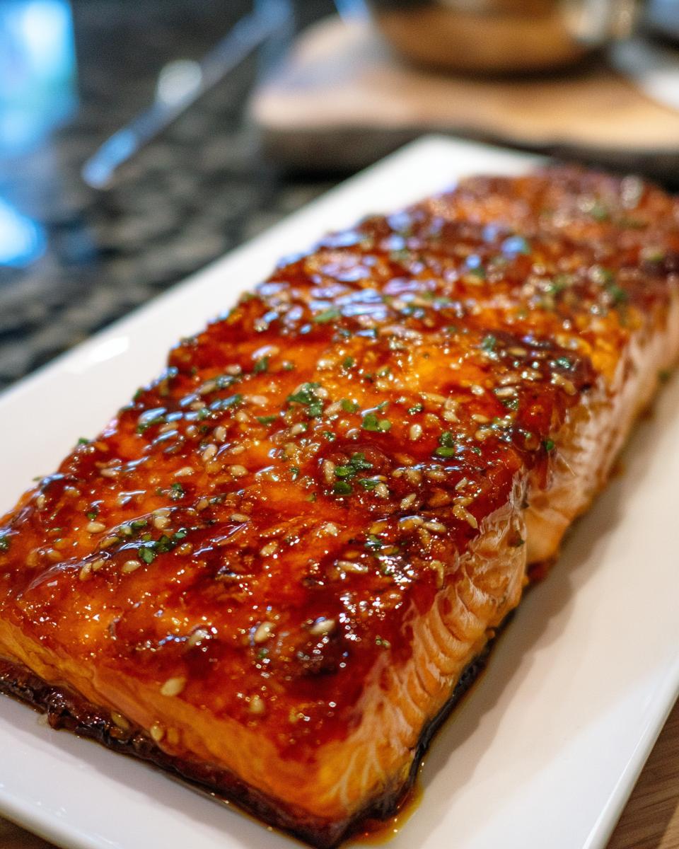 Close-up of a glazed Mango Teriyaki Salmon fillet garnished with sesame seeds and herbs on a white plate.