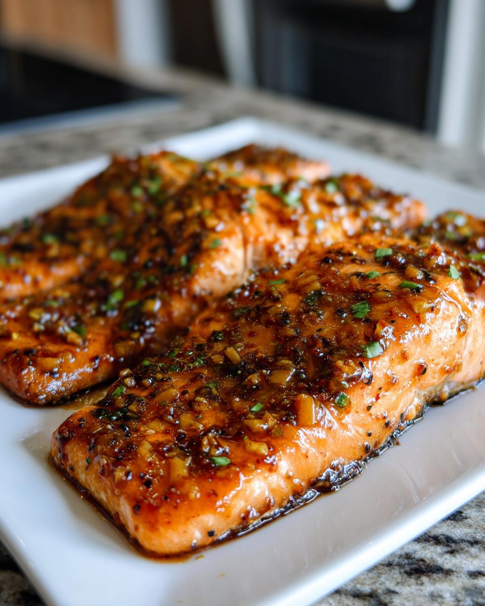 Three fillets of Mango Teriyaki Salmon on a white plate, glazed and garnished with herbs.