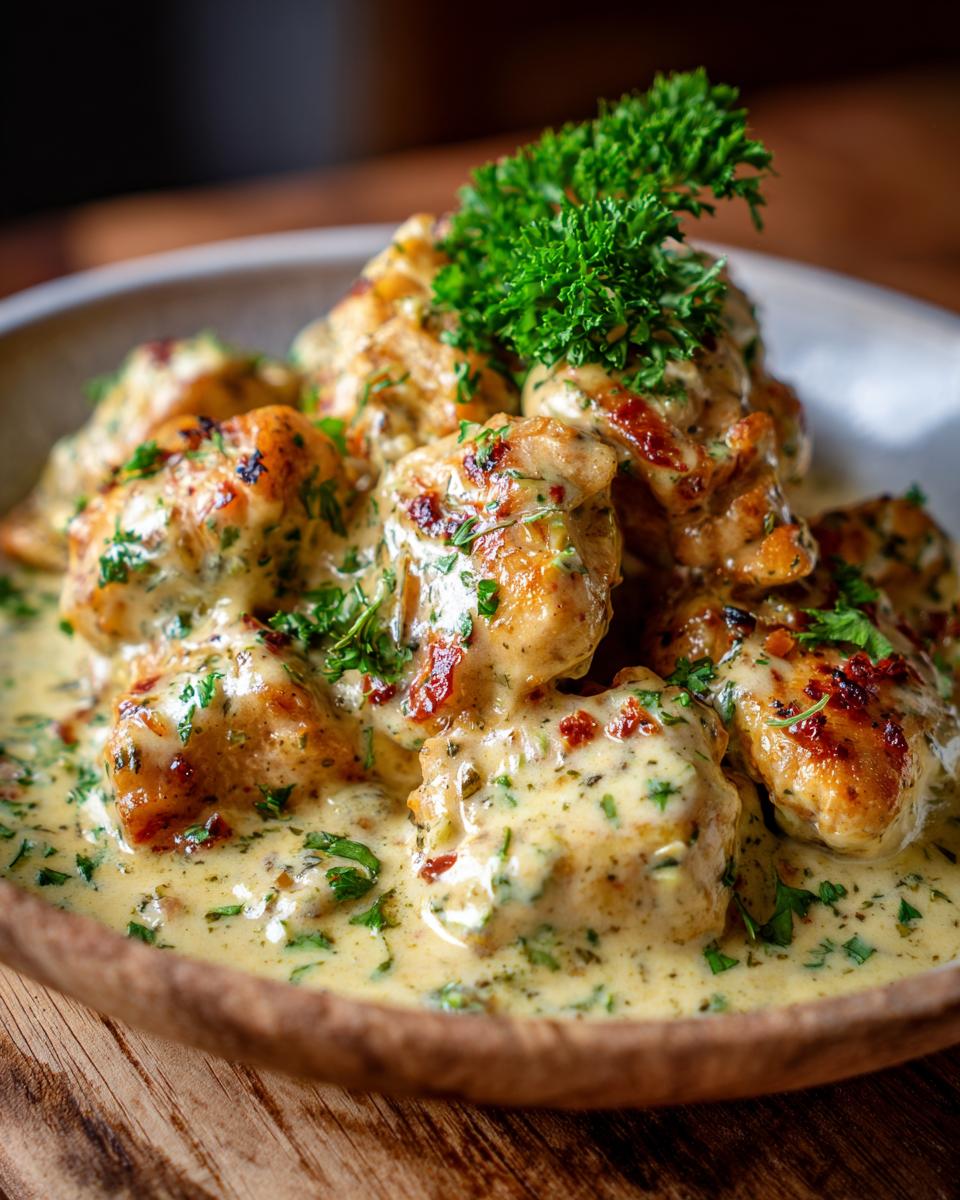 A bowl of creamy Marry Me Chicken garnished with parsley, featuring golden-brown chicken pieces in a rich sauce.