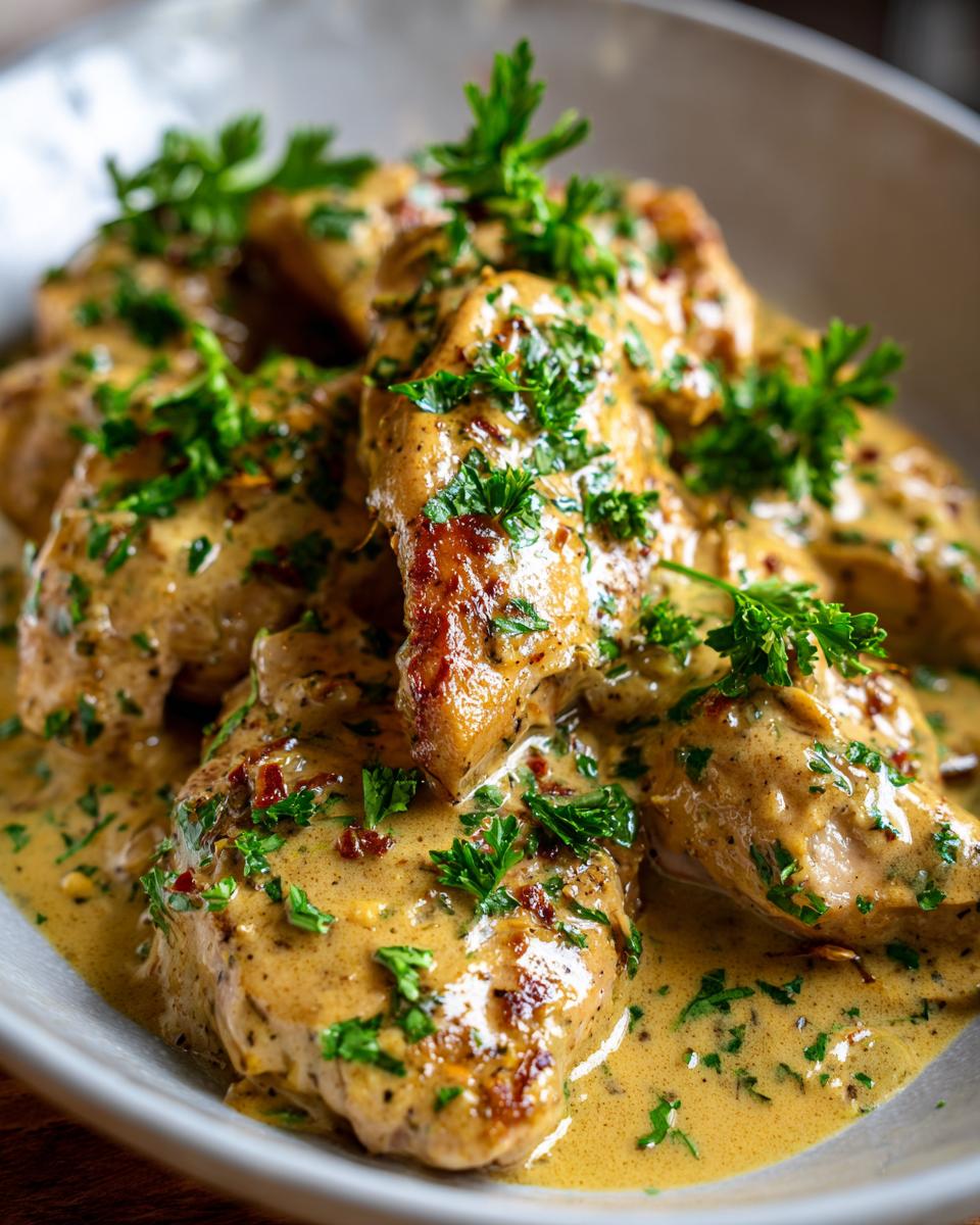 Close-up of Marry Me Chicken pieces in a creamy sauce, garnished with fresh parsley on a white plate.