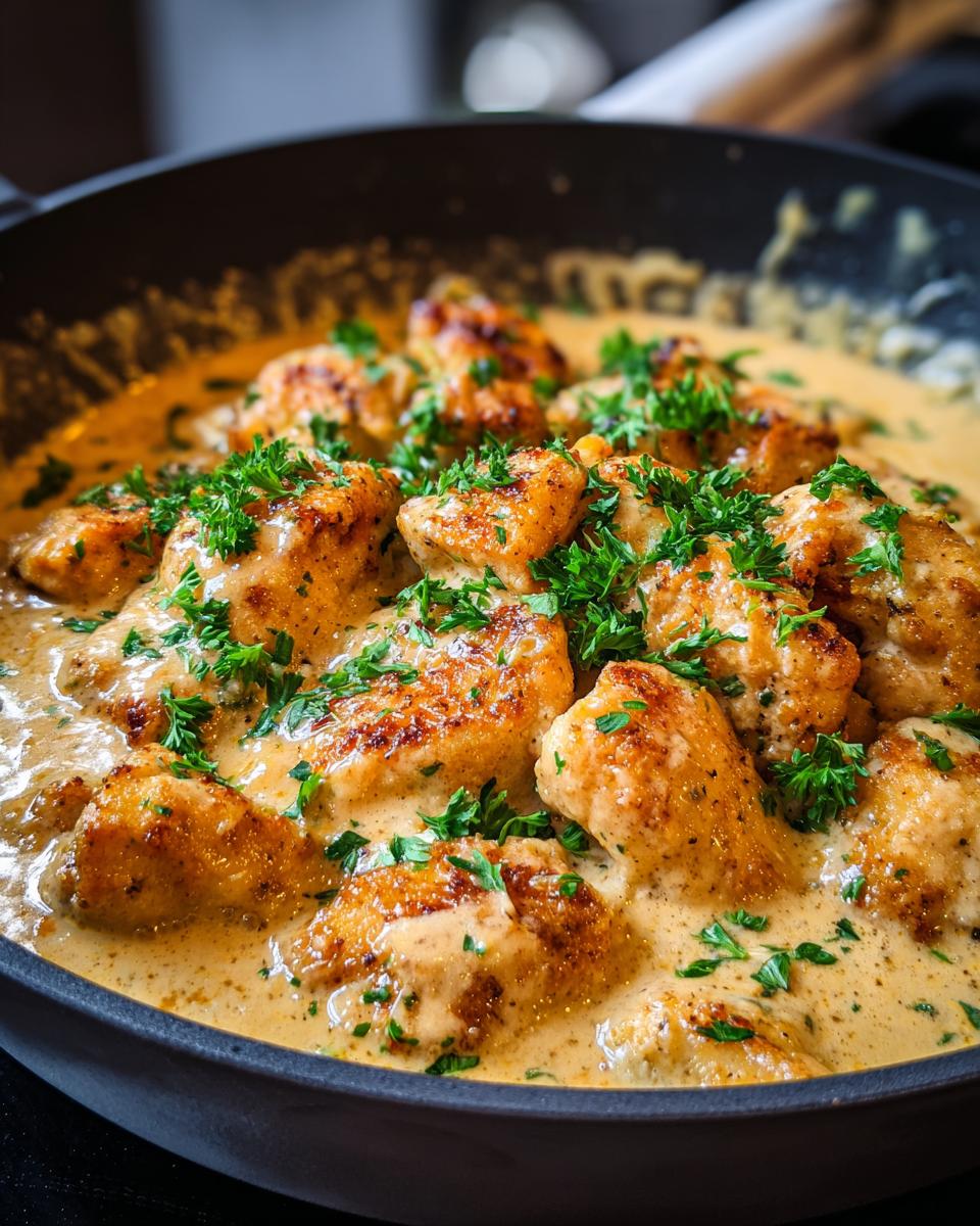 Close-up of Marry Me Chicken in a skillet, featuring golden-brown chicken pieces in a creamy sauce, garnished with fresh parsley.