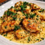 Close-up of Marry Me Chicken pieces with creamy sauce and parsley garnish on a white plate.