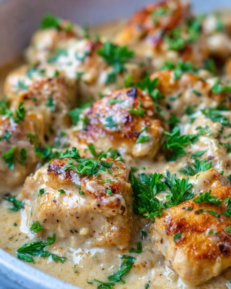 Close-up of Marry Me Chicken pieces in a creamy sauce, garnished with fresh parsley.