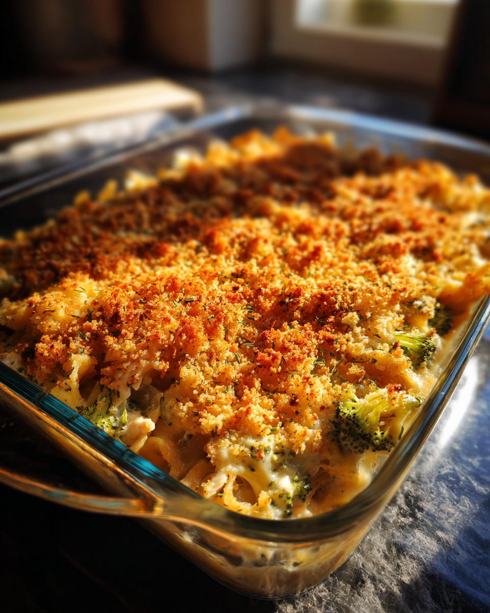 Baked Meal Prep Chicken Casserole with broccoli and a golden, crispy topping in a glass baking dish.
