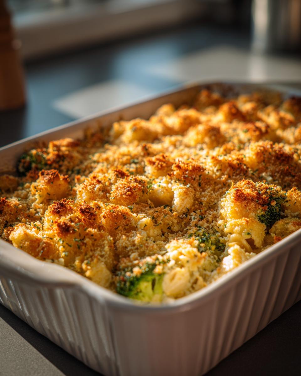 Close-up of a Meal Prep Chicken Casserole in a white baking dish with a golden-brown topping and visible broccoli.