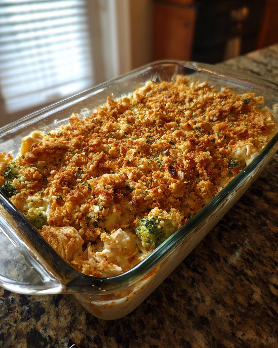 Meal Prep Chicken Casserole in a glass baking dish, topped with a golden brown breadcrumb crust and broccoli.