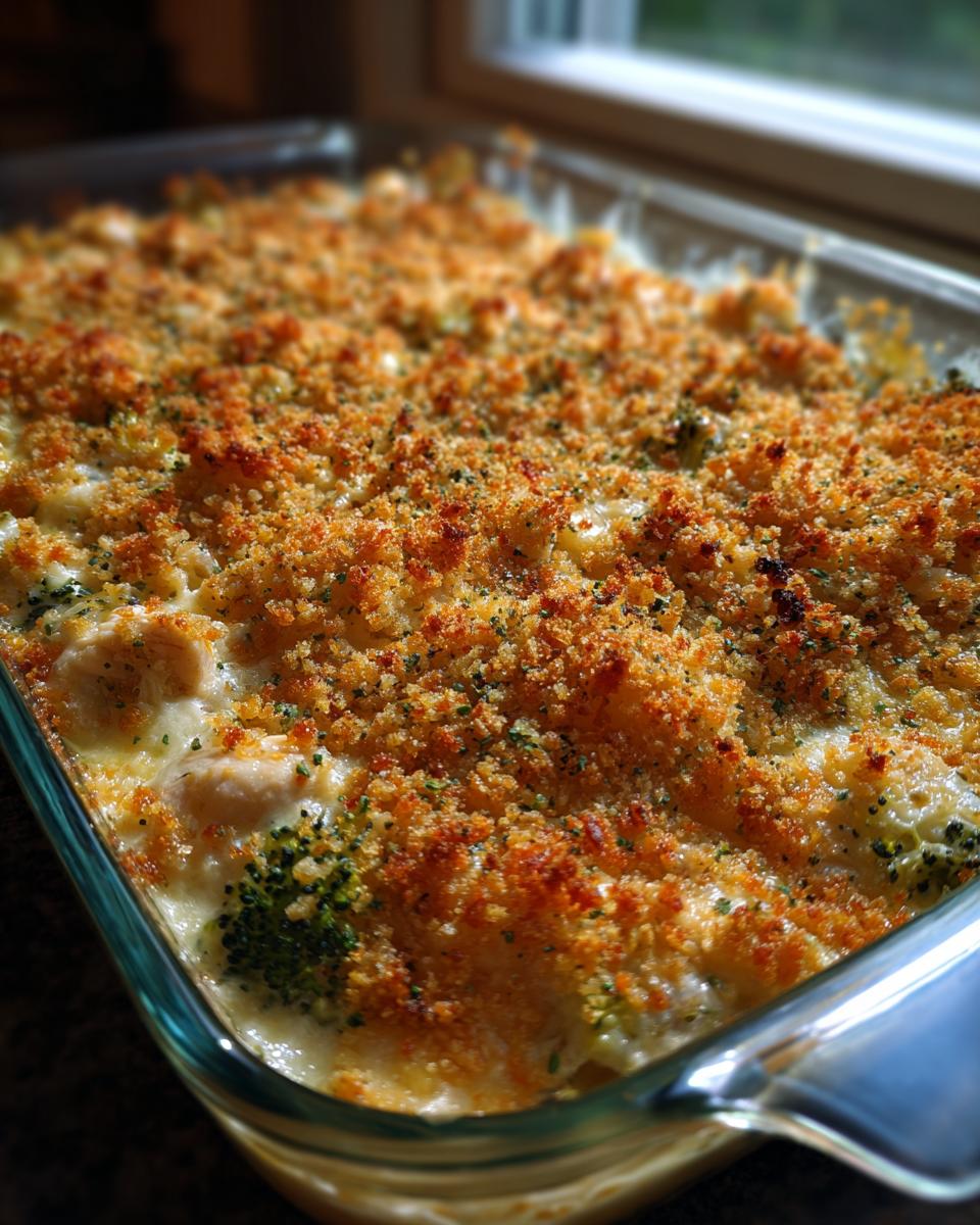 Baked Meal Prep Chicken Casserole in a glass dish, featuring a golden, crispy topping and visible broccoli.
