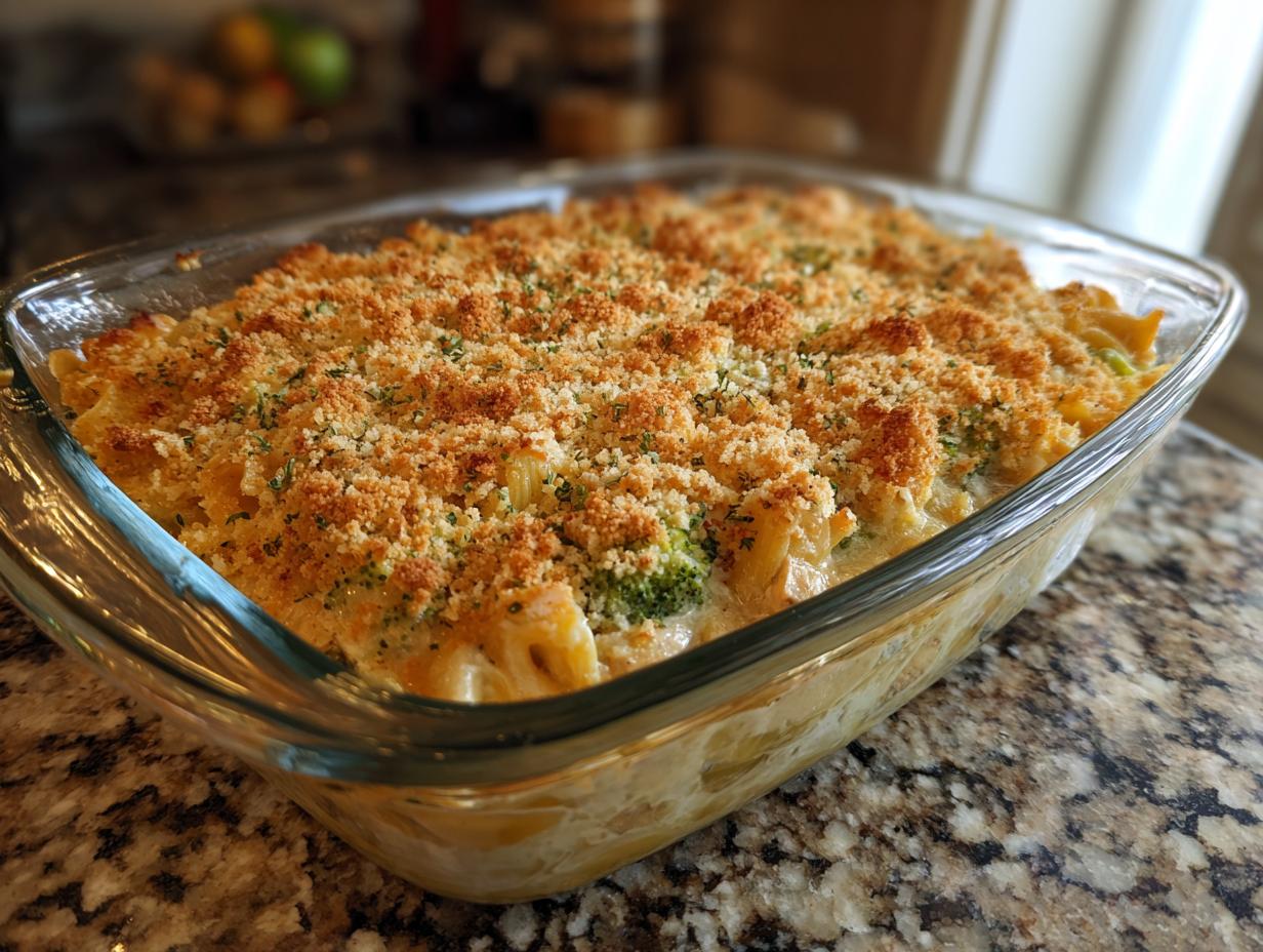 Baked Meal Prep Chicken Casserole in a glass dish, topped with golden breadcrumbs and visible broccoli florets.