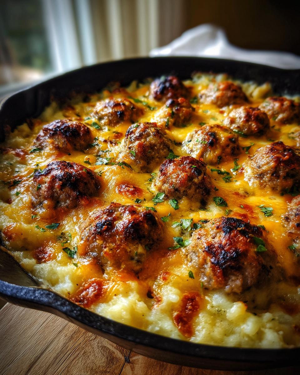 Close-up of a Meatball & Mashed Potato Bake in a cast iron skillet, topped with melted cheese and parsley.