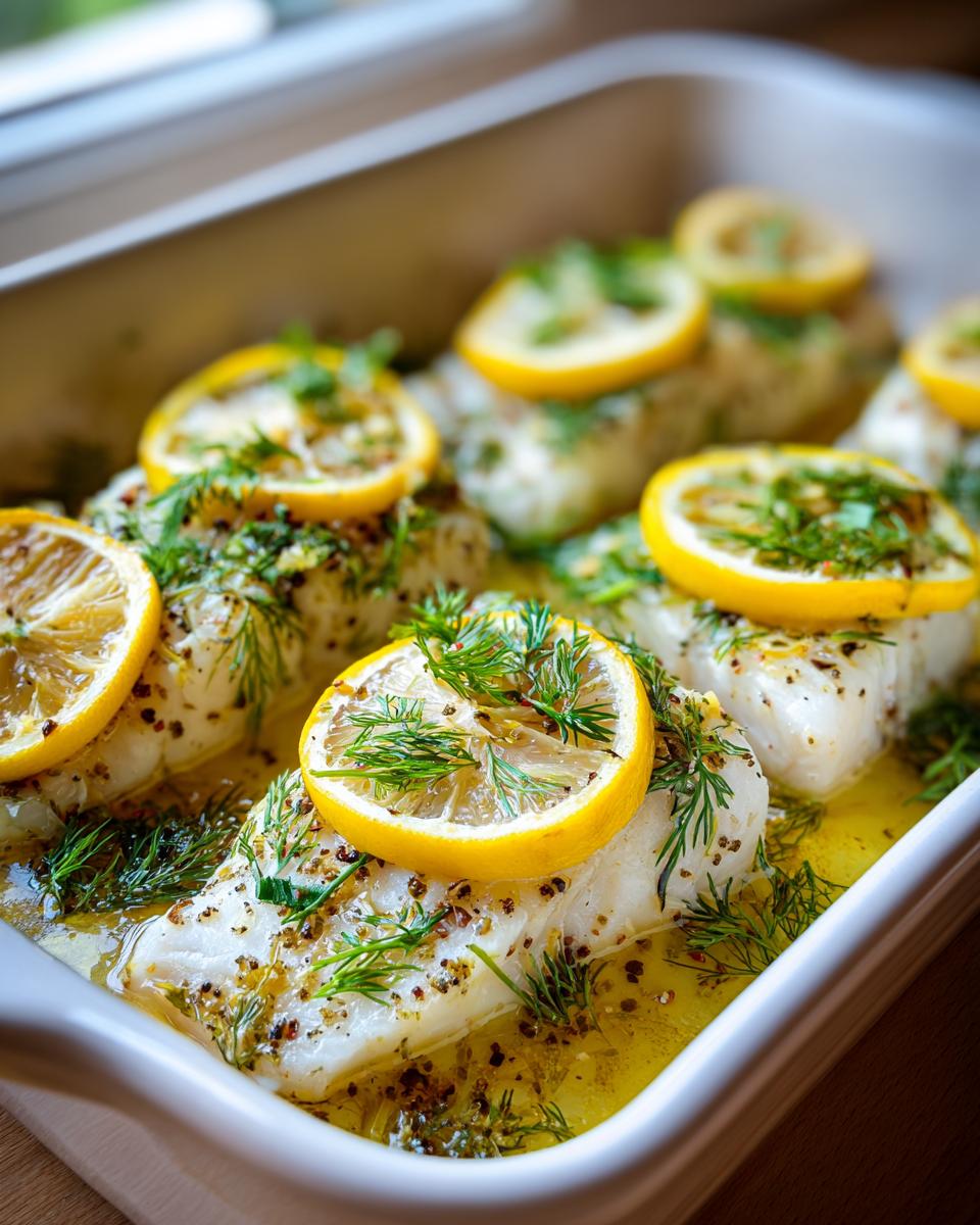 Close-up of Mediterranean Baked Fish topped with lemon slices and fresh dill in a baking dish.