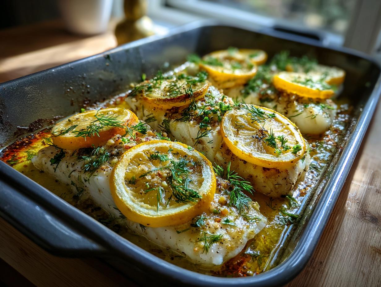 Mediterranean Baked Fish in a baking pan, garnished with lemon slices and fresh dill.