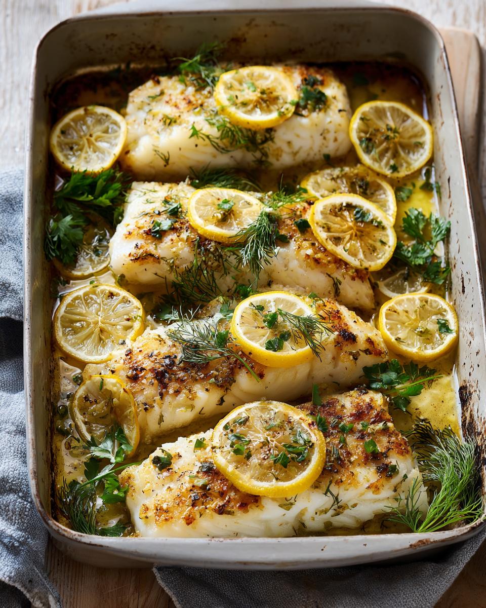 Overhead shot of Mediterranean Baked Fish fillets in a baking dish, garnished with lemon slices and fresh herbs.