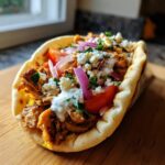 A delicious Mediterranean Chicken Gyros filled with chicken, feta, tomatoes, onions, and tzatziki sauce.