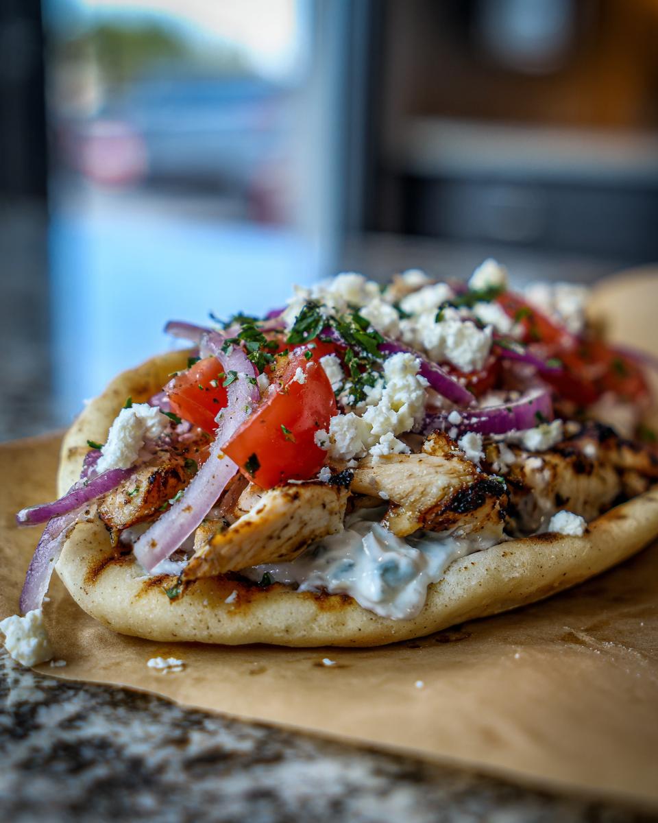 A delicious Mediterranean Chicken Gyros with grilled chicken, tomatoes, red onion, feta, and tzatziki sauce on pita bread.