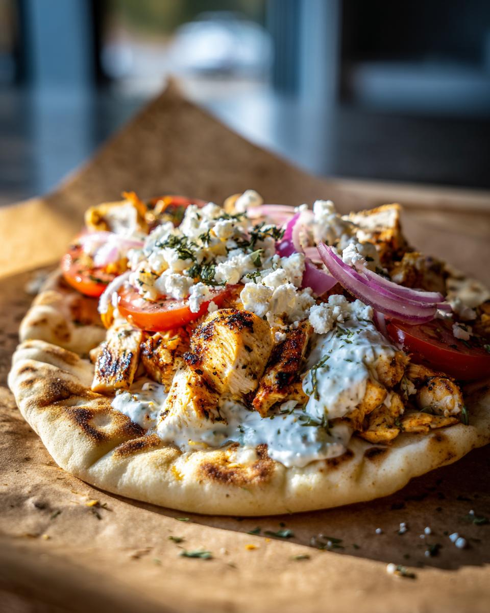 A vibrant Mediterranean Chicken Gyros featuring grilled chicken, tomatoes, red onion, feta, and tzatziki sauce on pita bread.