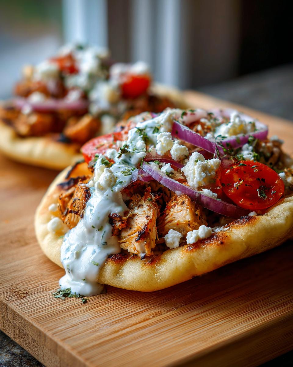 Two Mediterranean Chicken Gyros on pita bread, topped with chicken, tomatoes, red onion, feta, and tzatziki sauce.