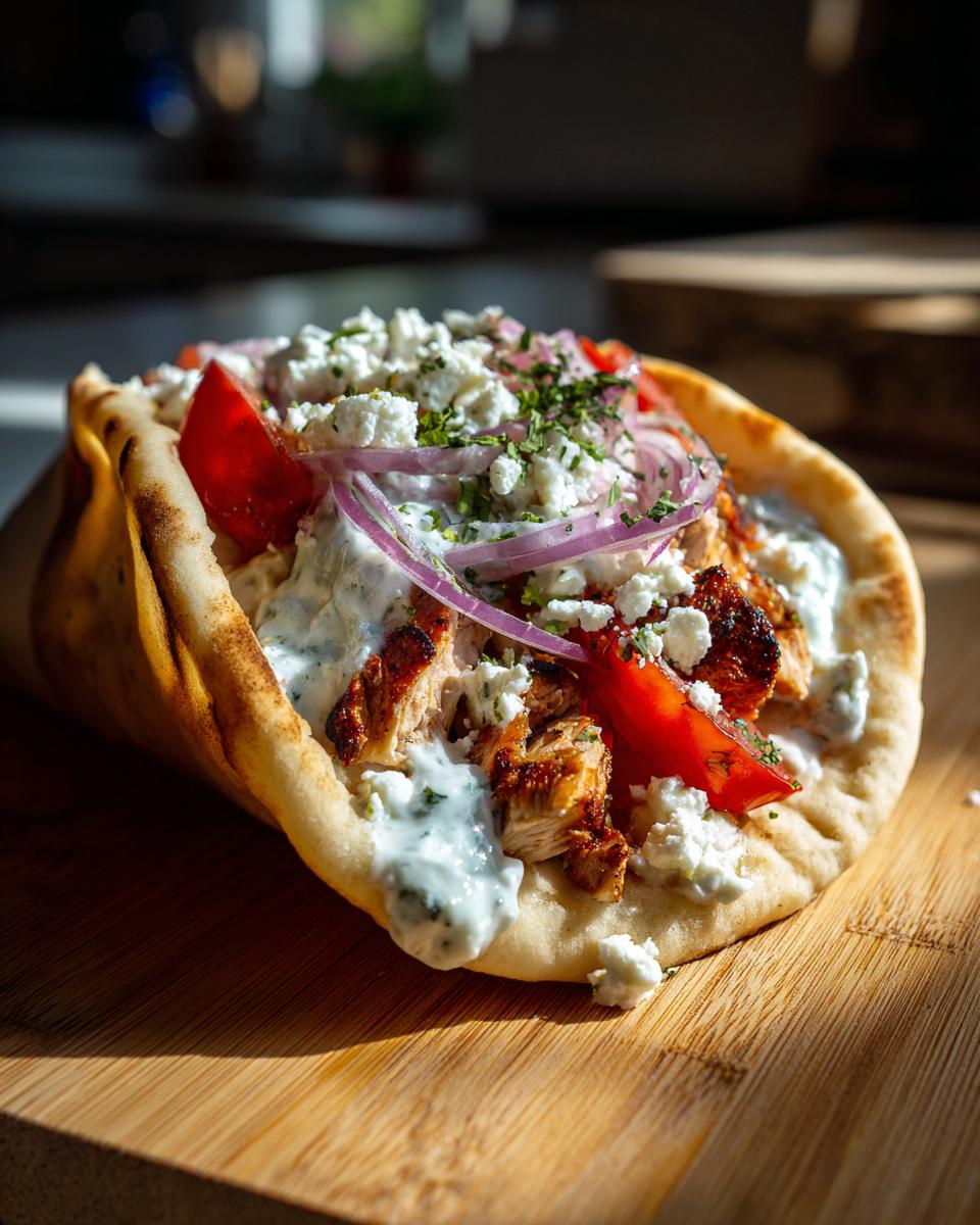 A delicious Mediterranean Chicken Gyros filled with chicken, feta, tzatziki, red onion, and tomato on pita bread.