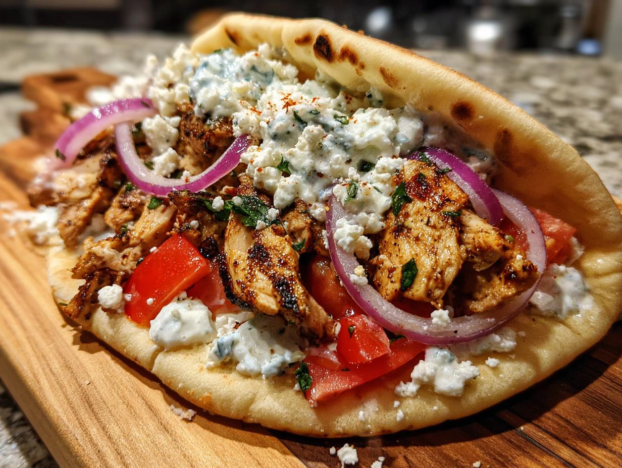 A delicious Mediterranean Chicken Gyros on pita bread with chicken, tomatoes, red onion, and tzatziki sauce.