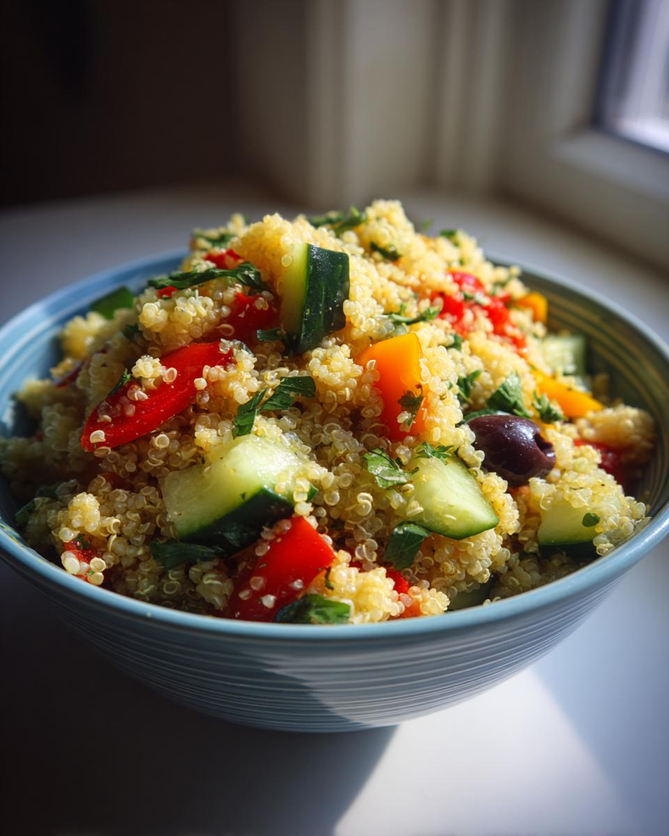 Close-up of a vibrant Mediterranean Quinoa Salad in a blue bowl, featuring quinoa, cucumbers, peppers, olives, and herbs.