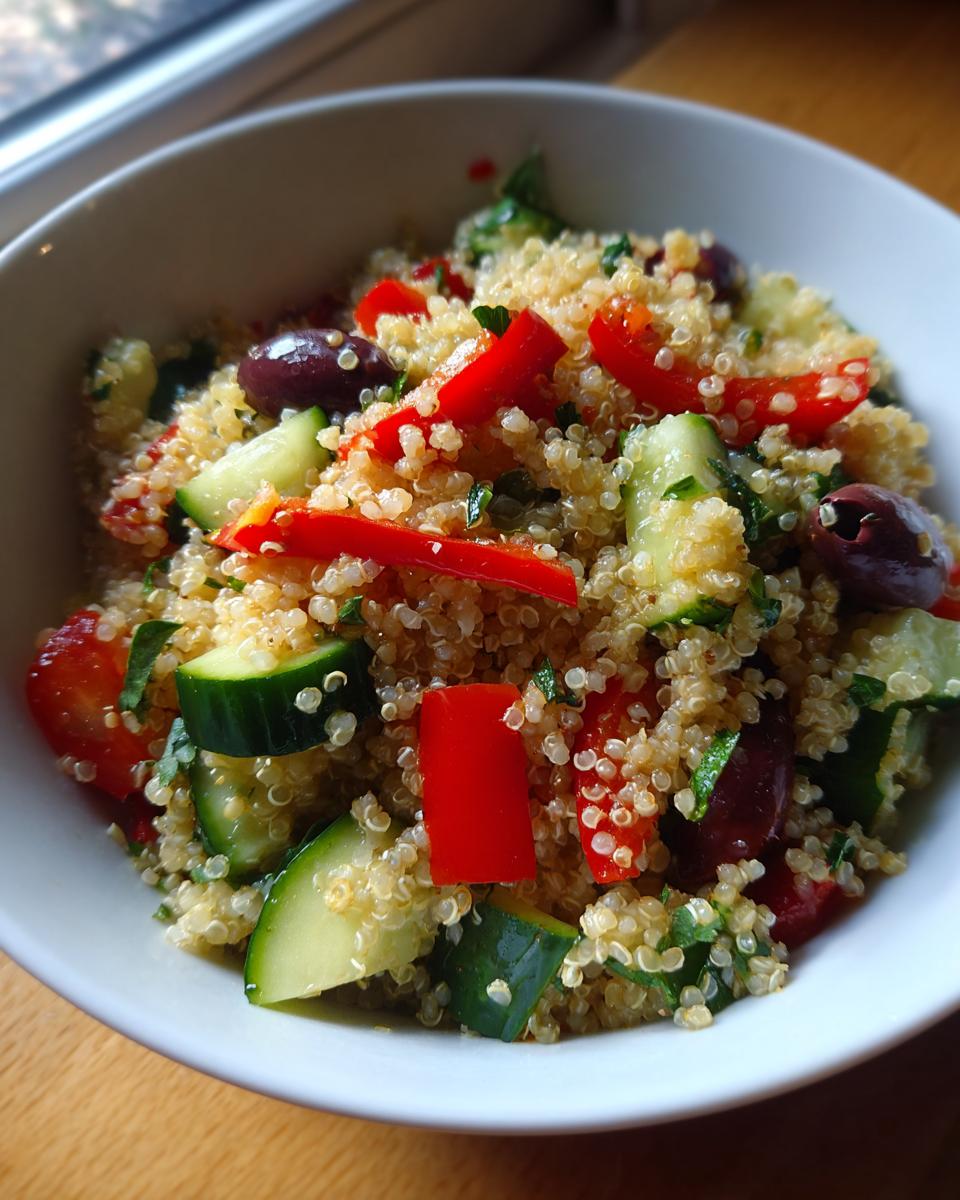 A vibrant bowl of Mediterranean Quinoa Salad with quinoa, cucumbers, red peppers, and olives.