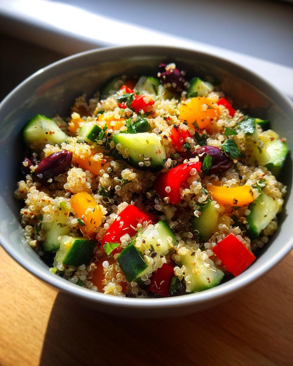 Bowl of vibrant Mediterranean Quinoa Salad with quinoa, cucumbers, peppers, olives, and herbs.