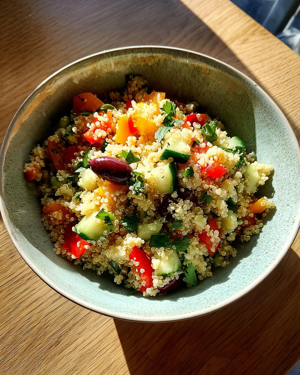 Overhead shot of a colorful Mediterranean Quinoa Salad in a light blue bowl with quinoa, cucumbers, tomatoes, and olives.