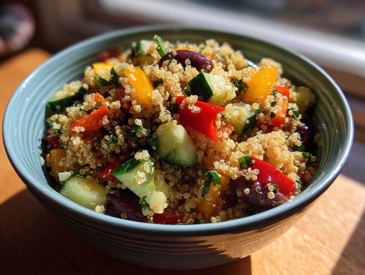 A vibrant bowl of Mediterranean Quinoa Salad with quinoa, cucumbers, peppers, and olives.