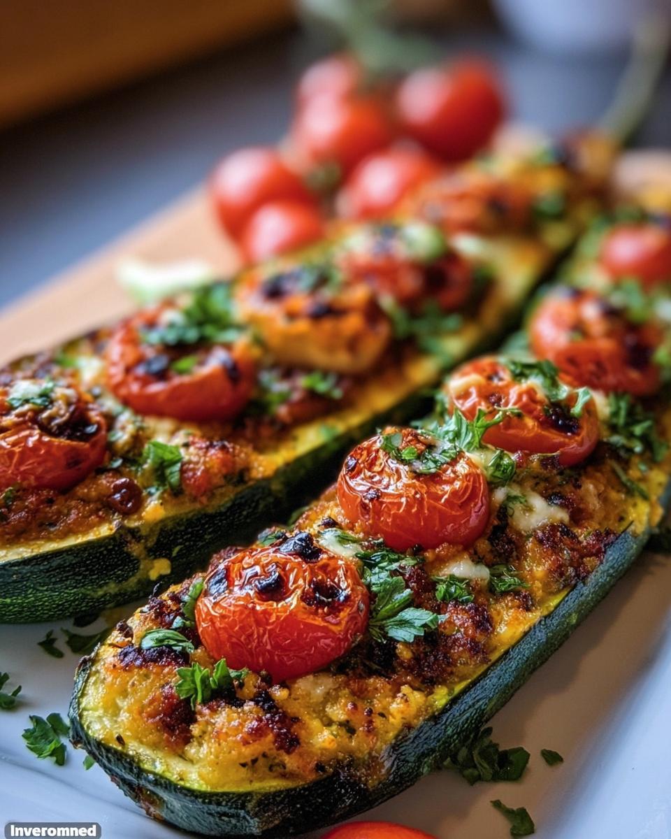 Two halves of Mediterranean Stuffed Zucchini topped with roasted tomatoes and fresh parsley.