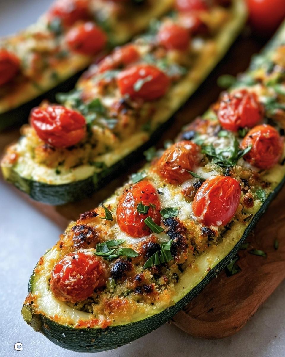 Close up of Mediterranean Stuffed Zucchini topped with roasted cherry tomatoes and fresh herbs.