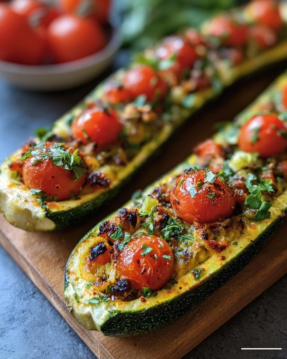 Two halves of Mediterranean Stuffed Zucchini topped with roasted tomatoes and fresh herbs on a wooden board.
