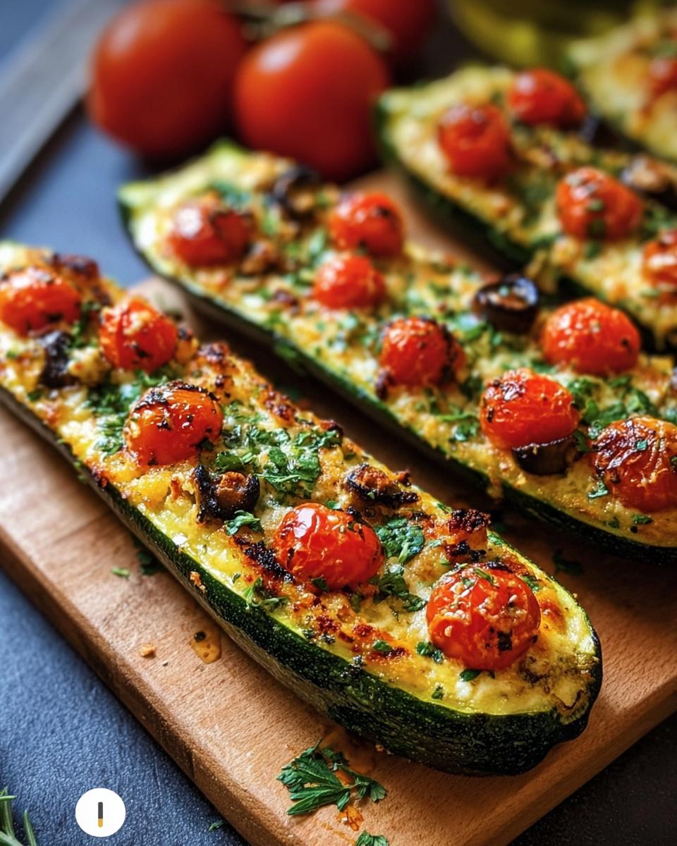 Close-up of Mediterranean Stuffed Zucchini boats topped with tomatoes, herbs, and cheese on a wooden board.