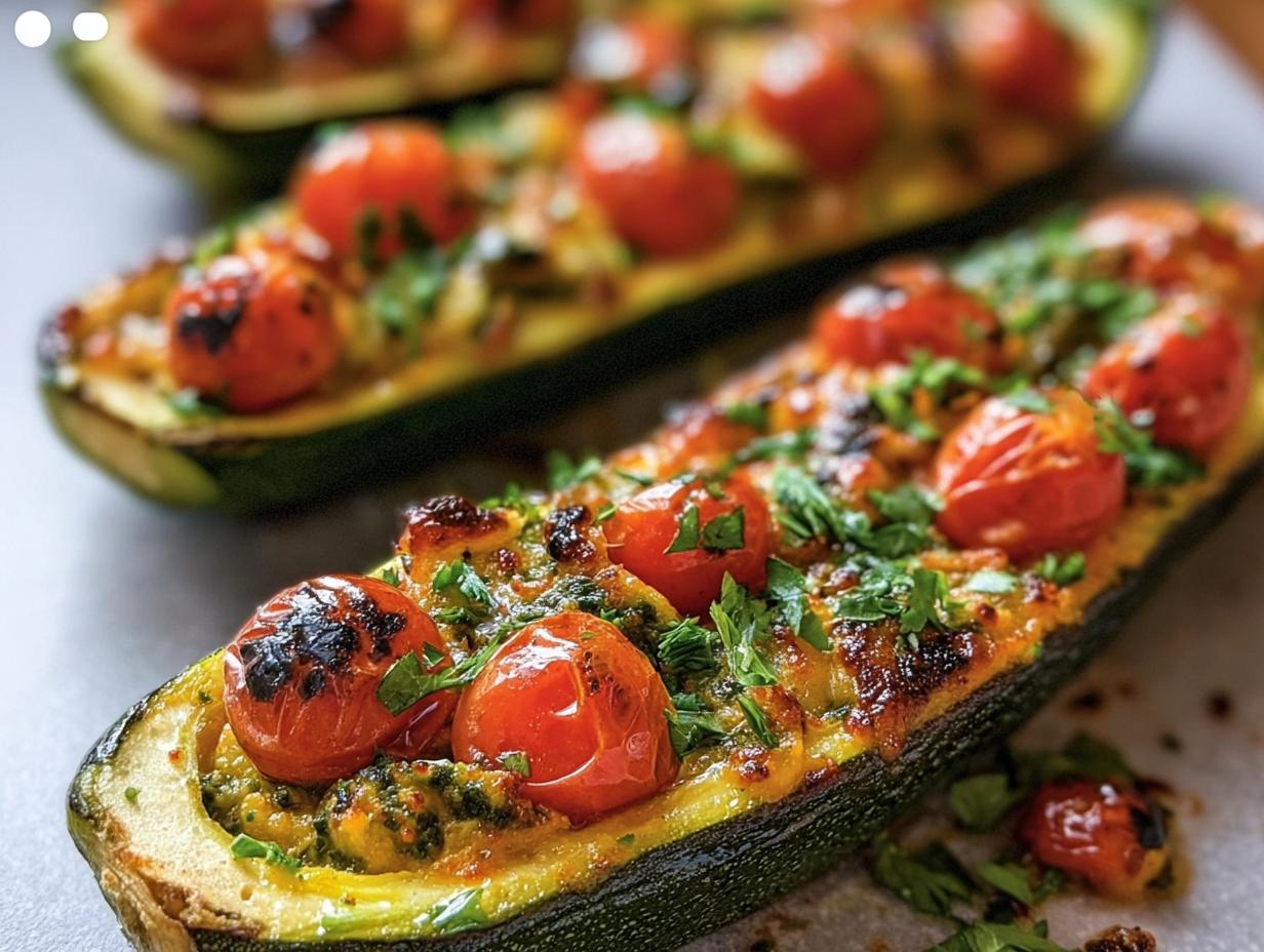 Close-up of Mediterranean Stuffed Zucchini boats topped with roasted tomatoes and fresh herbs.
