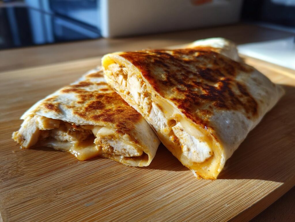 Two halves of melty garlic chicken wraps showing the chicken and cheese filling inside.