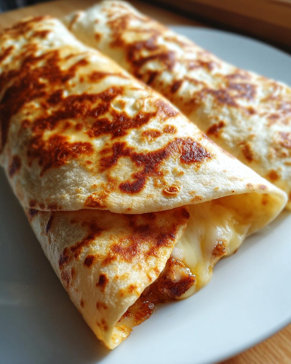 Two delicious Melty Garlic Chicken Wraps on a white plate, showcasing the melted cheese and golden-brown tortilla.