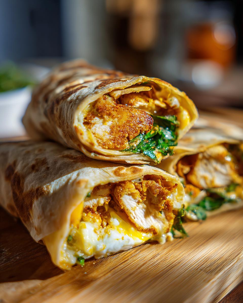 Two stacked Melty Garlic Chicken Wraps on a wooden board, showcasing chicken, spinach, and melted cheese.