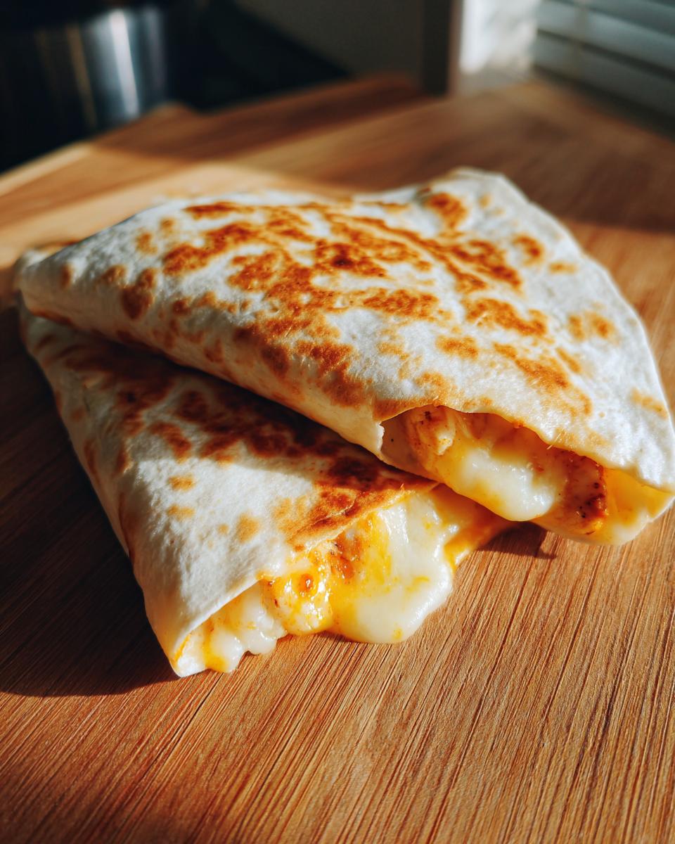 Two stacked Melty Garlic Chicken Wraps on a wooden board, showing melted cheese and golden-brown tortillas.