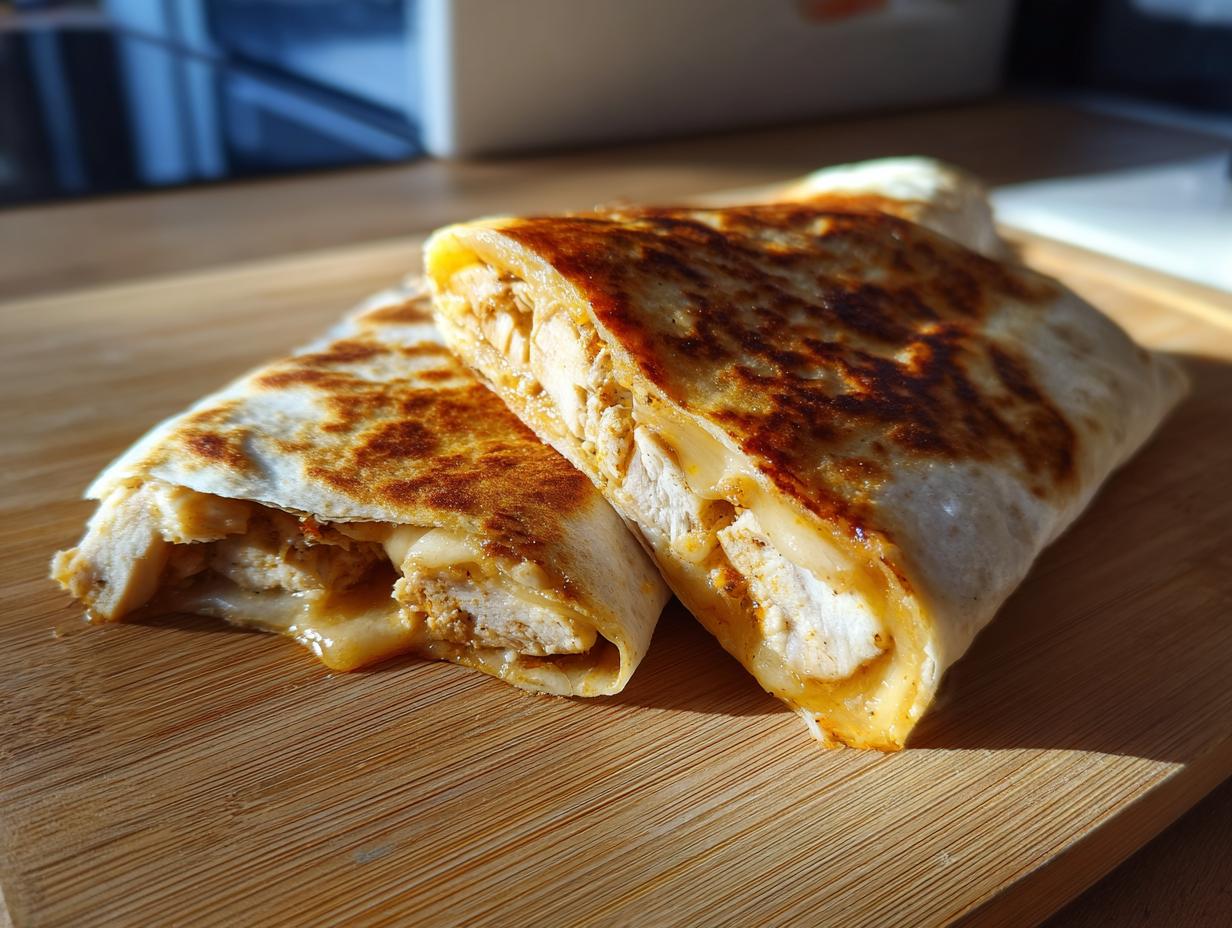Two halves of melty garlic chicken wraps showing the chicken and cheese filling inside.