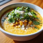 Bowl of creamy Mexican Street Corn Soup topped with cilantro, cheese, and chili powder.