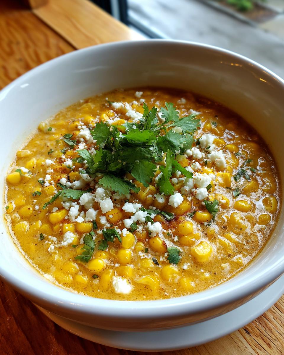 A bowl of creamy Mexican Street Corn Soup topped with crumbled cheese and fresh cilantro.