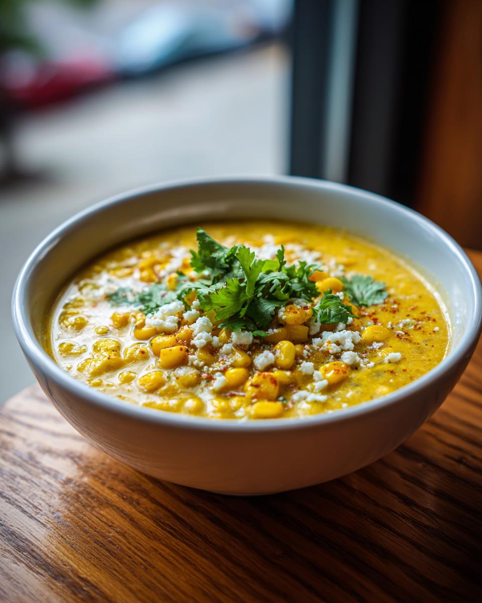 A bowl of creamy Mexican Street Corn Soup topped with cilantro, cheese, and chili powder.