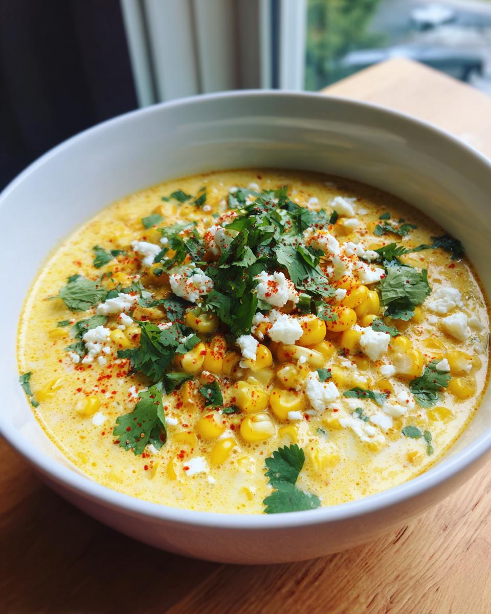 A bowl of creamy Mexican Street Corn Soup topped with cilantro, cheese, and chili powder.