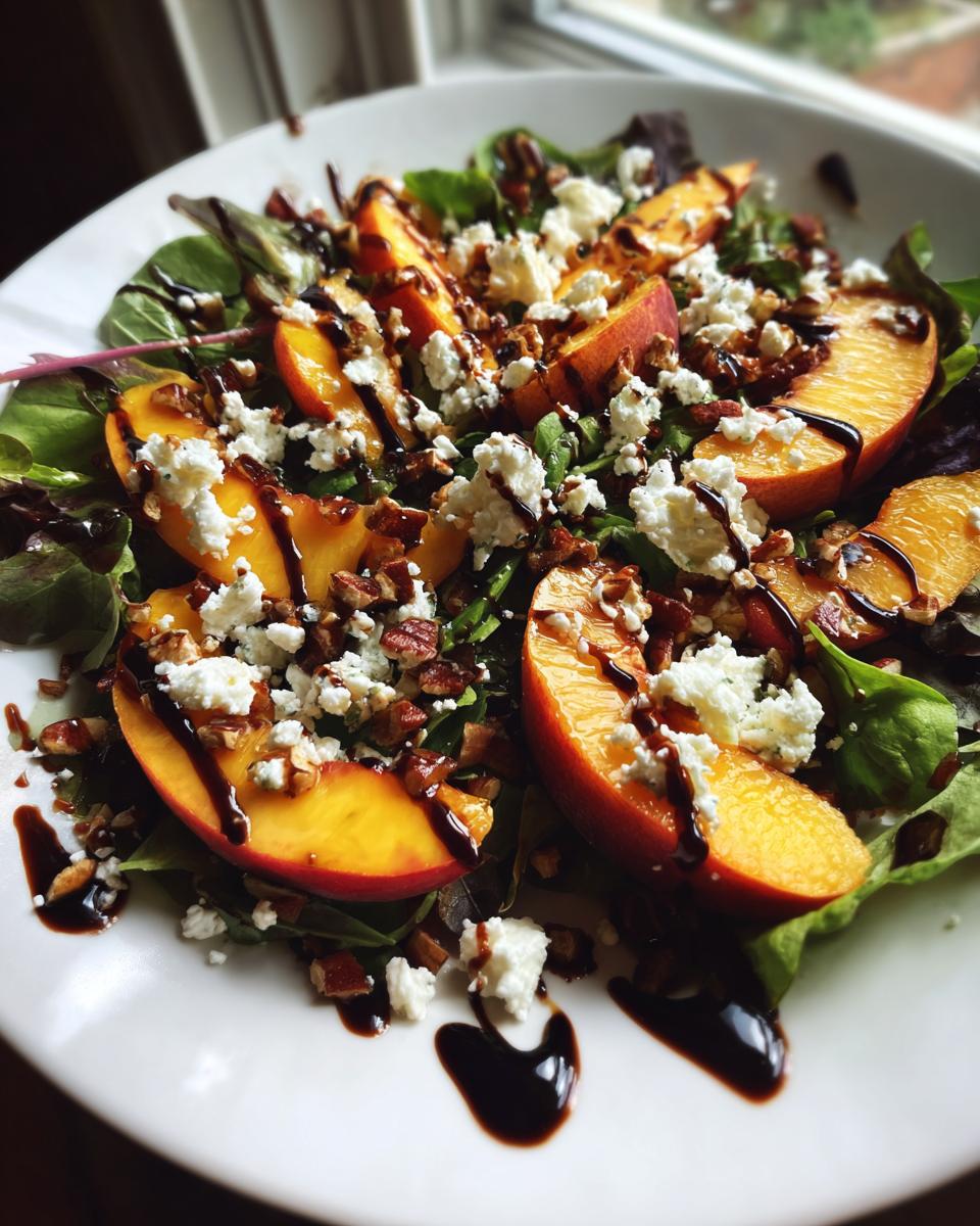 A vibrant Millionaire Peach Salad featuring fresh peaches, goat cheese, pecans, and a balsamic glaze drizzle.