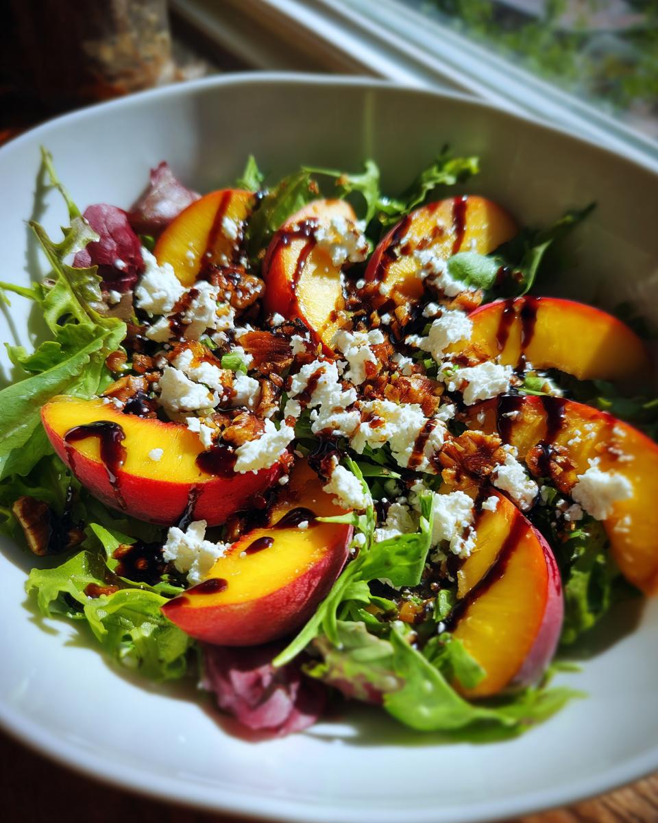 A vibrant Millionaire Peach Salad featuring fresh peaches, feta, greens, nuts, and a balsamic glaze.