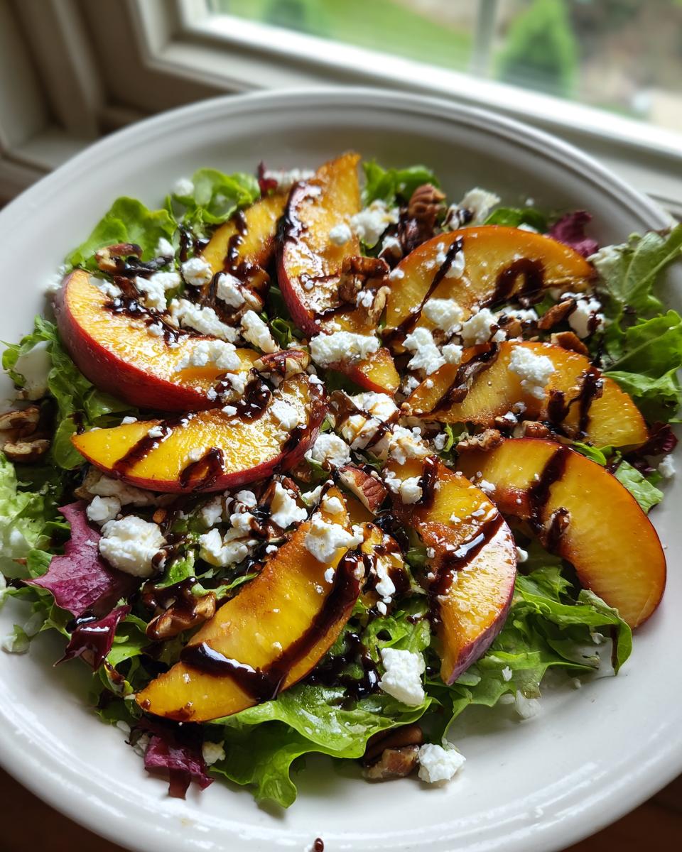 A vibrant Millionaire Peach Salad featuring fresh peaches, lettuce, goat cheese, walnuts, and balsamic glaze.