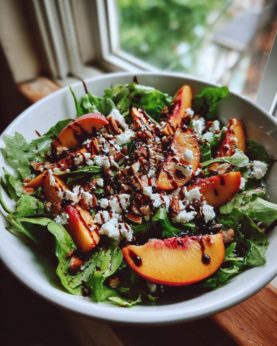 A bowl of Millionaire Peach Salad Recipe with greens, peach slices, goat cheese, nuts, and balsamic glaze.