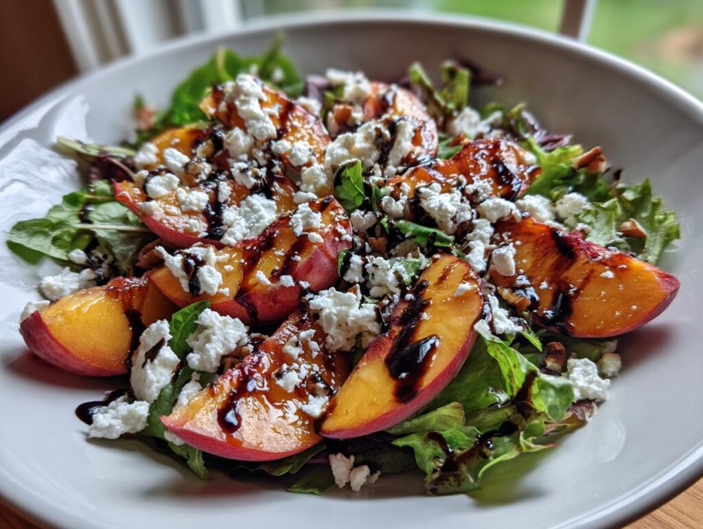 A vibrant Millionaire Peach Salad featuring fresh peaches, feta cheese, balsamic glaze, and mixed greens.